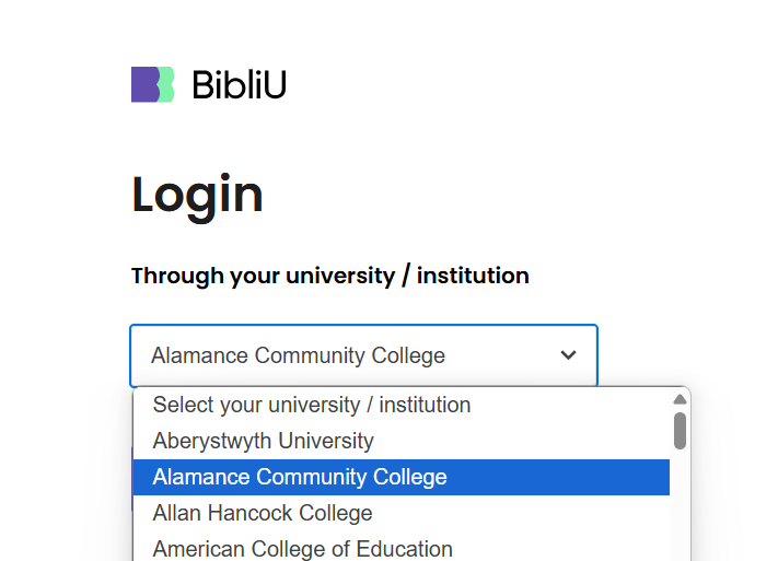 Step twoimage of login screen on the BibliU sign in page