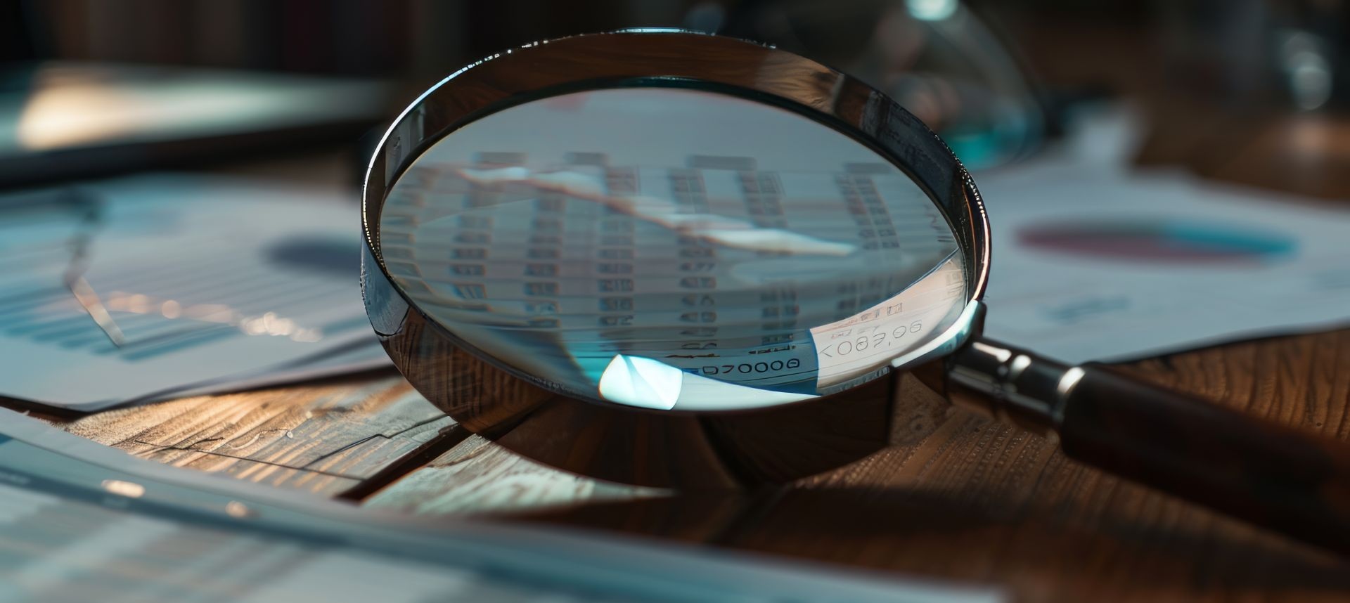 Magnifying glass placed over financial documents, enlarging rows of numbers on a report laid out on a desk