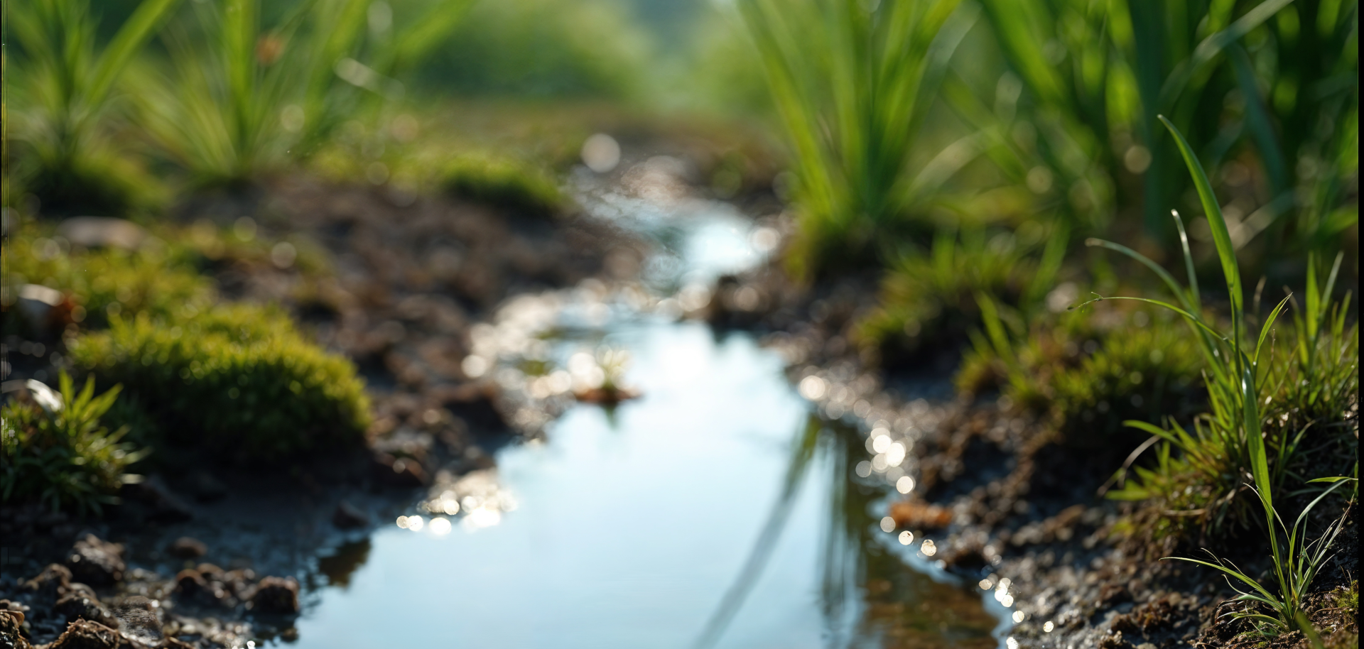 A close-up view of a small, shallow stream of water flowing through muddy soil and green grass, with sunlight reflecting off the water surface. The image emphasizes the natural environment and the connection between water and plant life.